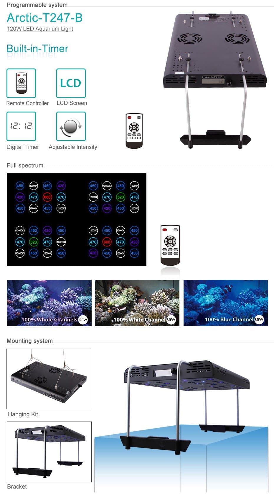 OceanRevive Ocean Revive Arctic 247-B LED Reef Light w/ Hanging Kit & Brackets! FREE SHIPPING